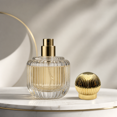 Acheter Vente en gros de bouteille de bouteille de parfum à bande de citrouille à rayures d'or à haute brillance ligne verticale fermeture sphérique Zamac OEM Logo gravé sur mesure Moyen-Orient Emballage de parfum de luxe fabrication en ligne
