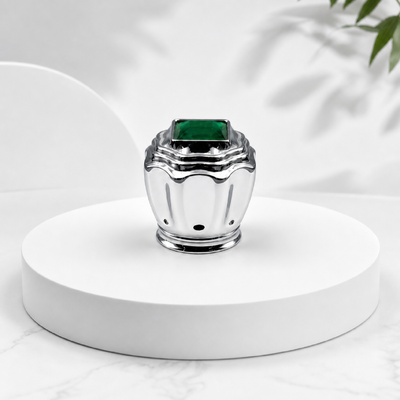 acheter Logo personnalisé de l'usine miroir argenté ondulé coupe de parfum Zamac Gloss Zinc Alloy couche ondulée couvercle avec carré émeraude cristal compatible FEA15 50ml verticale côtes bouteilles de verre de parfum fabrication en ligne