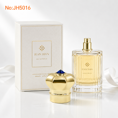 acheter Vente à chaud Dubaï Arabie Saoudite Luxe miroir Or 8 pétale couronne Zamac Cap parfum JH5016 Saphir unique bleu cristal lisse métal royal Oud Attar Bouteille couvercle Logo gravé sur mesure fabrication en ligne