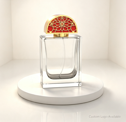 Acheter Bouchon de parfum Zamac creux en forme de demi-cercle avec motif floral, finition plaquée or rouge émaillé et gravure de logo personnalisé fabrication en ligne