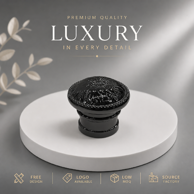 acheter Vente en gros double couche de base de zinc alliage couvercle de parfum avec top relief perles florales Trim noir capuchon de parfum de métal OEM ODM Logo personnalisé fabrication en ligne
