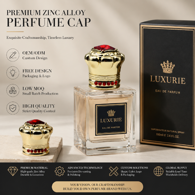 acheter Couvercle de parfum de luxe en alliage de zinc en forme de couronne incrusté de strass rouges, logo personnalisé, plaqué or, zamac, métal, couvercle de flacon de parfum, OEM, couvercle de flacon de parfum haut de gamme, magnétique fabrication en ligne