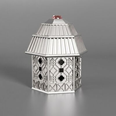 Acheter Couvercle de parfum de style maison de pavillon de luxe en zamac, hexagonal, creux, sculpté en treillis, avec incrustation de gemme rose, bouche FEA15, couvercle de parfum en alliage de zinc, placage or clair, logo personnalisé, usine source fabrication en ligne