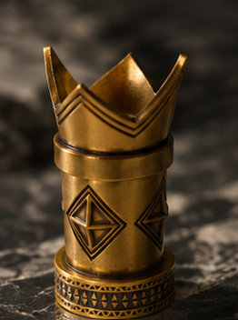 Antique Gold Crown-Shaped Zamak Perfume Cap with Tribal Engraved Details for Luxury Fragrance Packaging