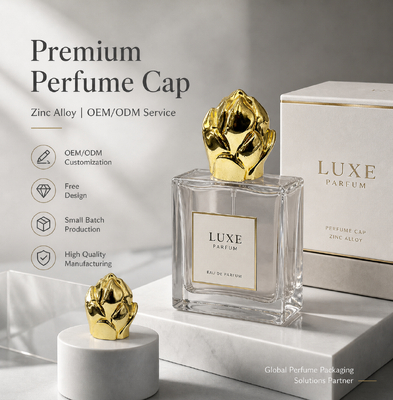 Cap d'alliage de zinc de luxe Lotus Bud Cap de parfum électroplaqué or Zamac Bouteille de parfum Couvercle Logo personnalisé Cap de parfum métallique OEM Emballage magnétique