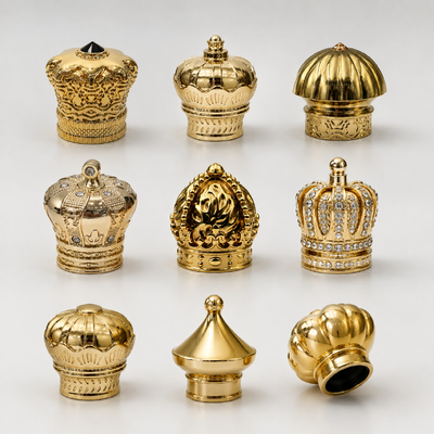Couronne dorée multi-styles Zamac Cap de parfum, décor en strass sculpture royale fermeture de parfum en métal Logo personnalisé pour les bouteilles de parfum arabes de luxe