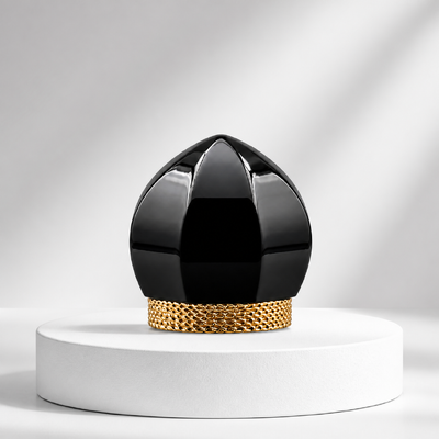 Bouchon de parfum Lotus Noir Brillant Zamac avec base en maille dorée Couvercle de bouteille de parfum de luxe en métal Logo personnalisé