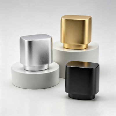 Luxe volumineux arrondis carrés alliage de zinc capuchon de parfum matee brossé finition courte base pas vers le bas Zamac bouteille de parfum couvercle multi-tone logo personnalisé OEM ODM